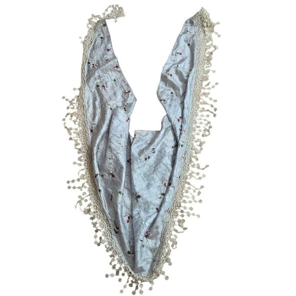 Icy Blue Silk Boho Cottage Hippie Festival Floral Embroidered Fringe Scarf Wrap - Picture 6 of 10